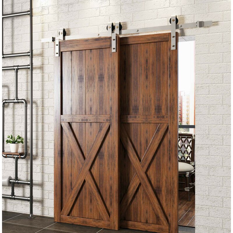 Homacer Single Bypass Double Door Barn Door Hardware Kit And Reviews Wayfair 